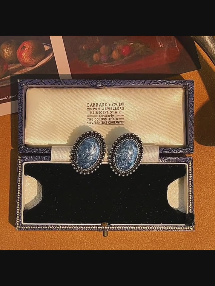 Midnight Reverie – Handmade Vintage Blue Oval Earrings – The Blue Night Star River