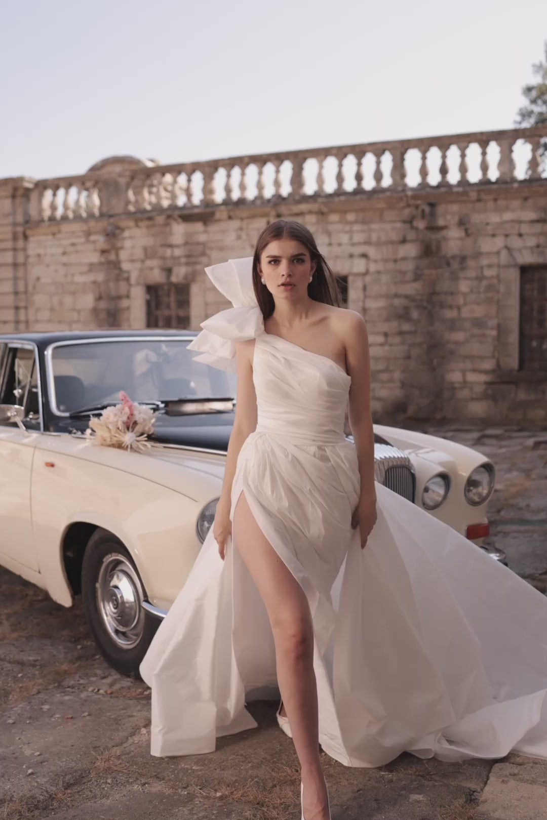 Chic A-Line Taffeta Wedding Dress with Voluminous Single Sleeve and Daring Skirt Slit Plus Size - AGATA