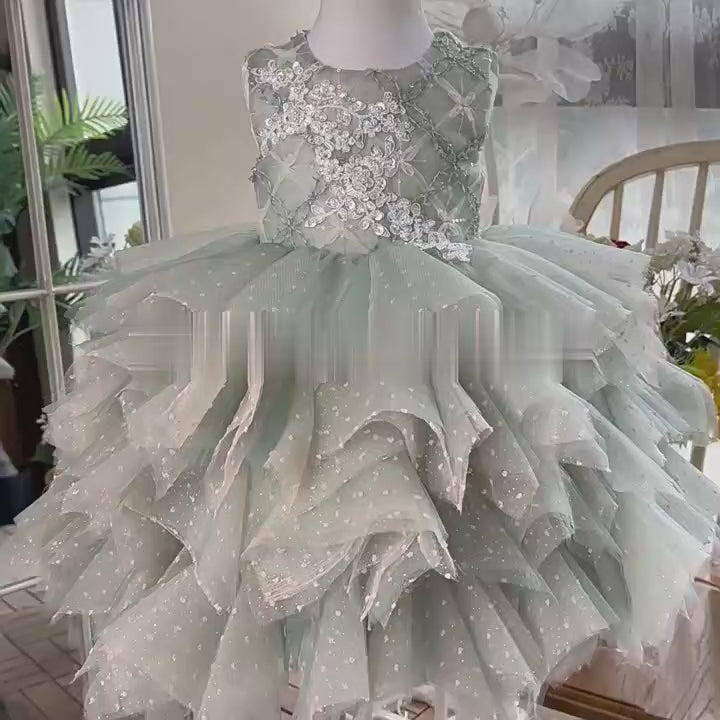 Sage Green Tulle Flower Girl Dress with Embellished Bodice Plus Size