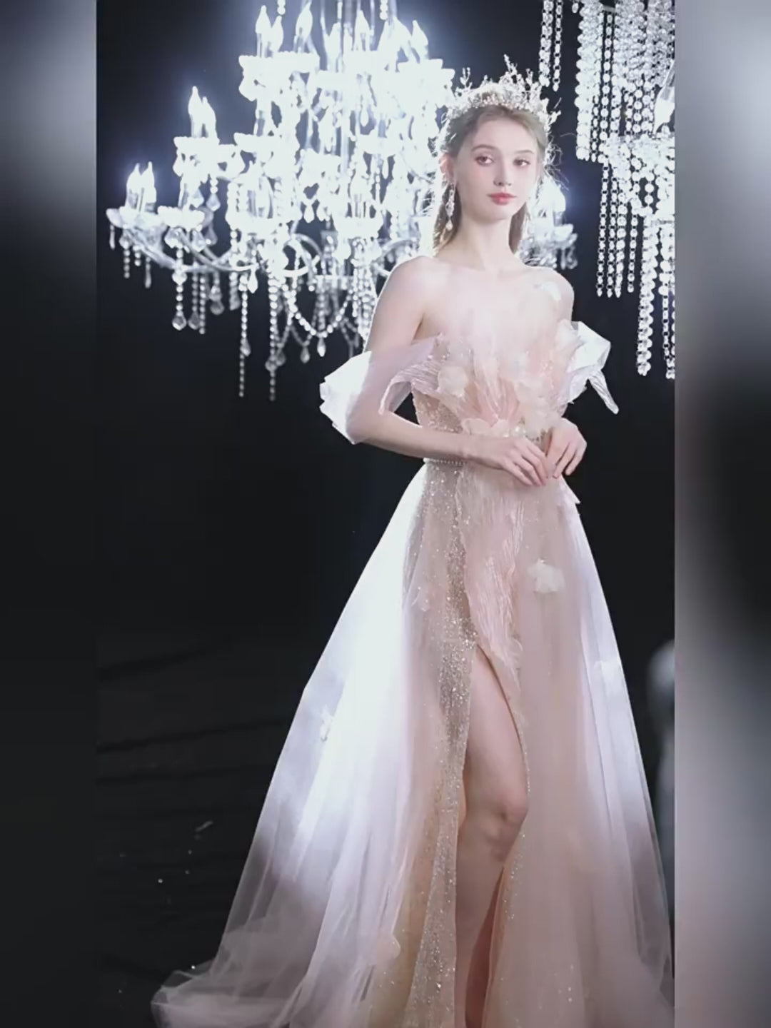 Peach Pink Off the Shoulder Evening Dress with Slit – Sequin Evening Dress with Puff Sleeves and Detachable Train Plus Size