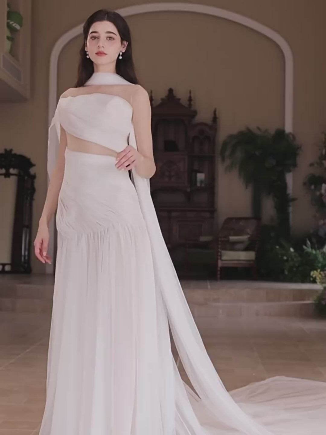 White Off the Shoulder Evening Dress with Draped Tulle Sleeves – Sheer Tulle Evening Dress Plus Size