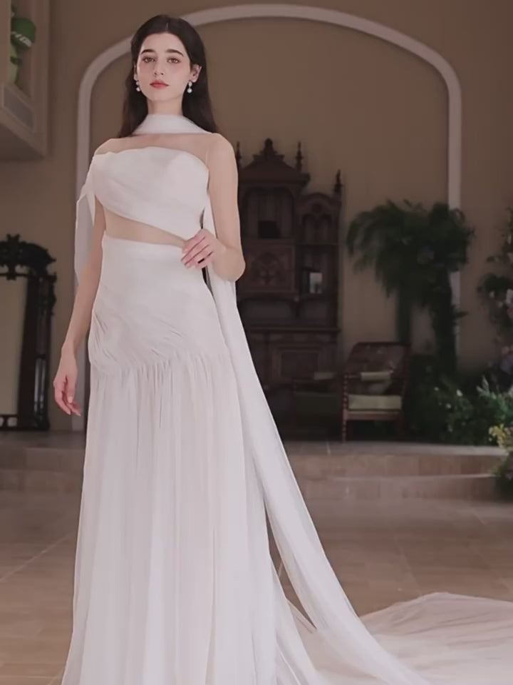 White Off the Shoulder Evening Dress with Draped Tulle Sleeves – Sheer Tulle Evening Dress Plus Size
