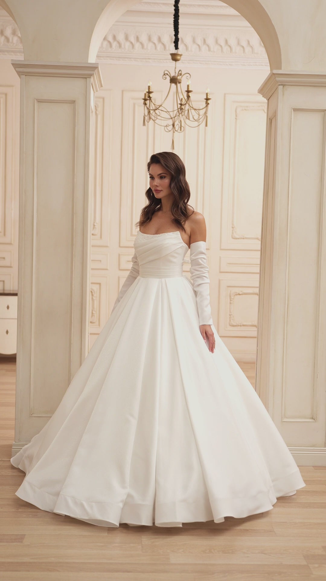 Off shoulder Timeless Satin Sweetheart A-Line Wedding Gown | Elegant Strapless Bridal Dress with Detachable Sleeves Plus Size