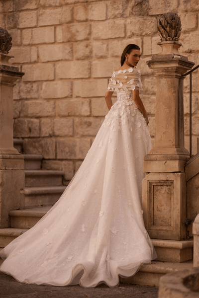Princess Wedding Dress with Beaded Corset and Chapel Train - Floral Wedding Dress with V-Neck Plus Size - WonderlandByLilian