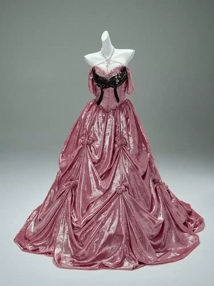 Prom Dress Pink Ball Gown with Draped Skirt – Pink Tulle Ball Gown with Black Velvet Bow and Corset Bodice Plus Size - WonderlandByLilian