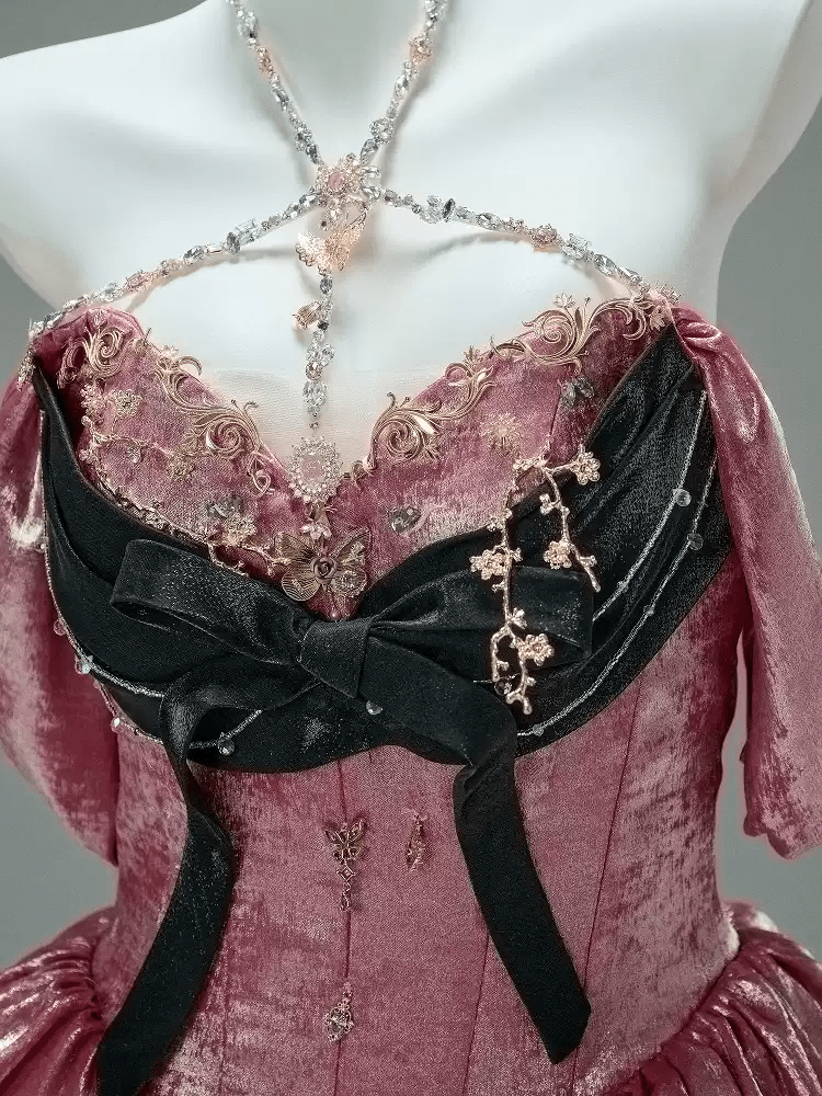 Prom Dress Pink Ball Gown with Draped Skirt – Pink Tulle Ball Gown with Black Velvet Bow and Corset Bodice Plus Size - WonderlandByLilian