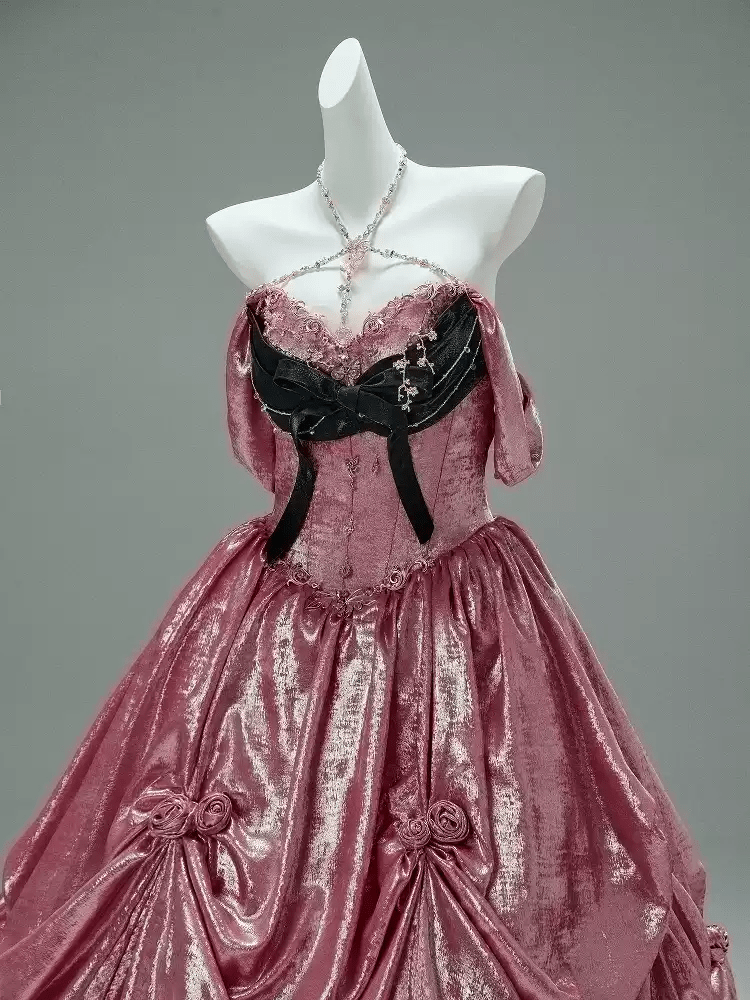 Prom Dress Pink Ball Gown with Draped Skirt – Pink Tulle Ball Gown with Black Velvet Bow and Corset Bodice Plus Size - WonderlandByLilian
