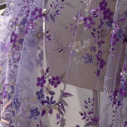 Purple and Lavender Sequin Floral Embroidered Lace Fabric - WonderlandByLilian