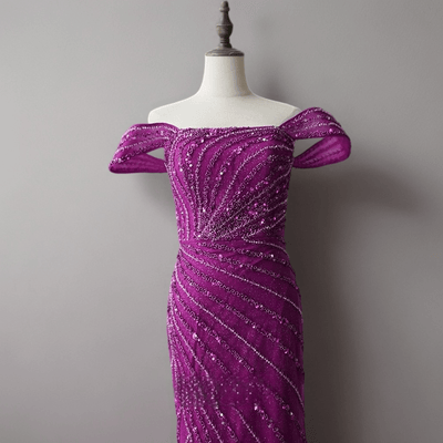 Purple Off-Shoulder Sequin Dress and Elegant Glitter Evening Gown - Convertible Tulle Evening Drss Plus Size - WonderlandByLilian