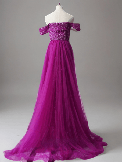 Purple Off-Shoulder Sequin Dress and Elegant Glitter Evening Gown - Convertible Tulle Evening Drss Plus Size - WonderlandByLilian