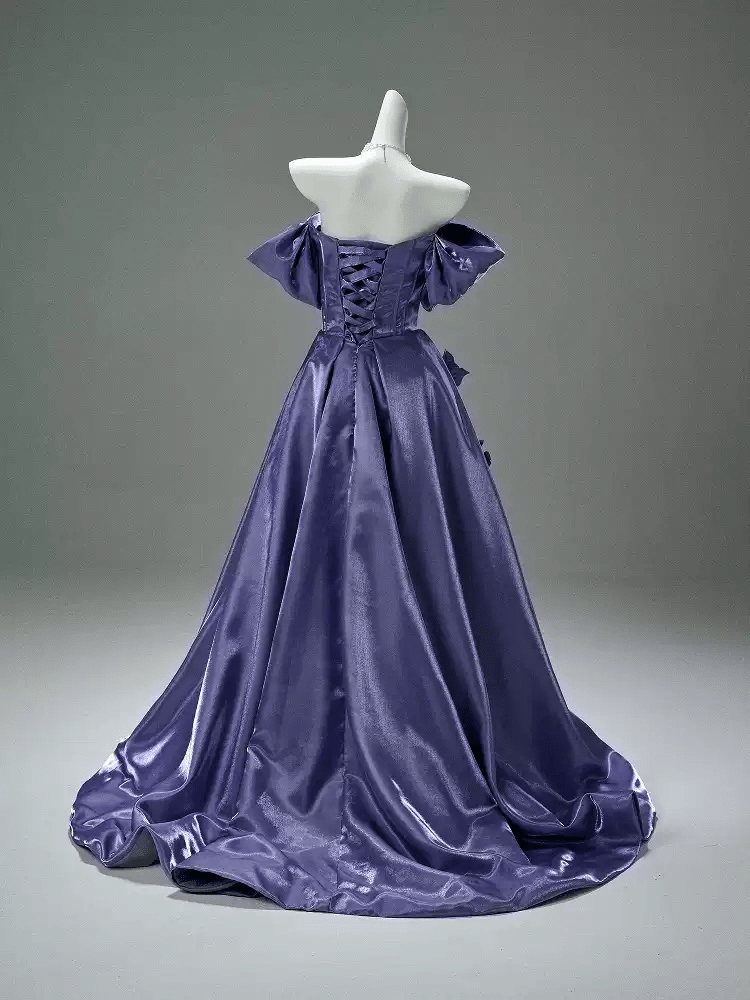 Purple Off the Shoulder Evening Dress with Floral Appliqué – Satin Evening Gown with Lace - Up Back Plus Size - WonderlandByLilian