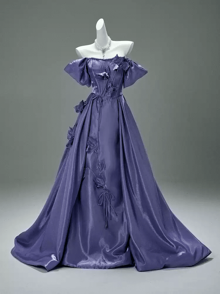 Purple Off the Shoulder Evening Dress with Floral Appliqué – Satin Evening Gown with Lace - Up Back Plus Size - WonderlandByLilian