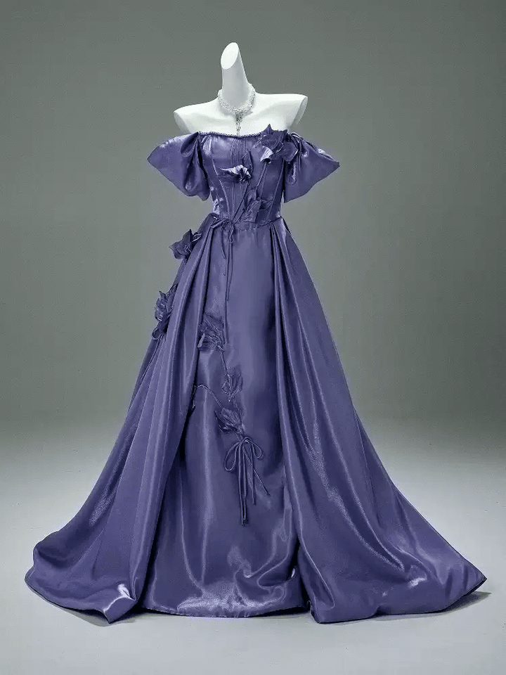 Purple Off the Shoulder Evening Dress with Floral Appliqué – Satin Evening Gown with Lace - Up Back Plus Size - WonderlandByLilian