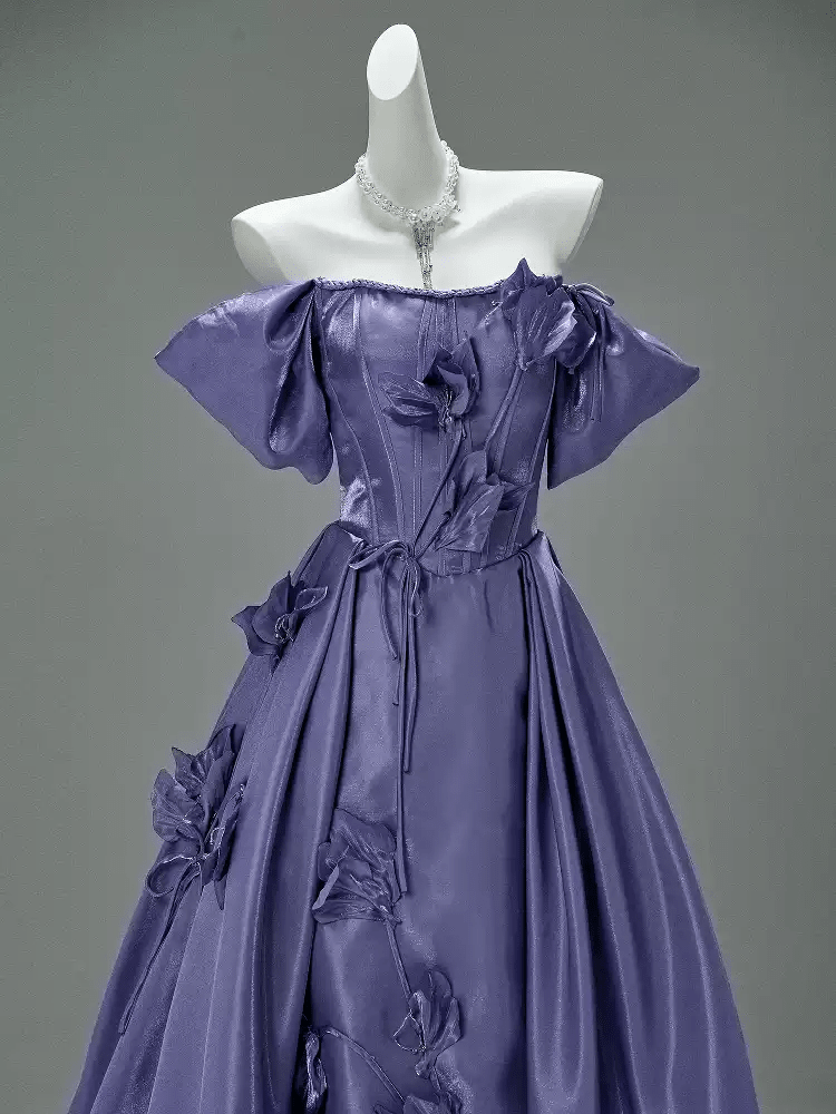 Purple Off the Shoulder Evening Dress with Floral Appliqué – Satin Evening Gown with Lace - Up Back Plus Size - WonderlandByLilian