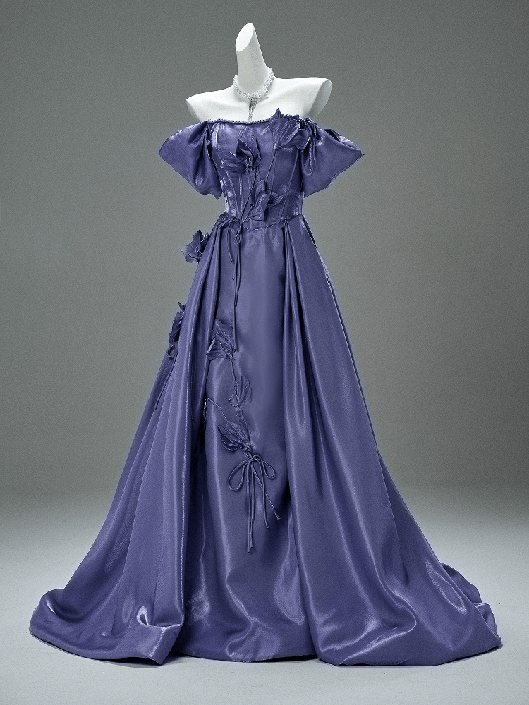 Purple Off the Shoulder Evening Dress with Floral Appliqué – Satin Evening Gown with Lace - Up Back Plus Size - WonderlandByLilian