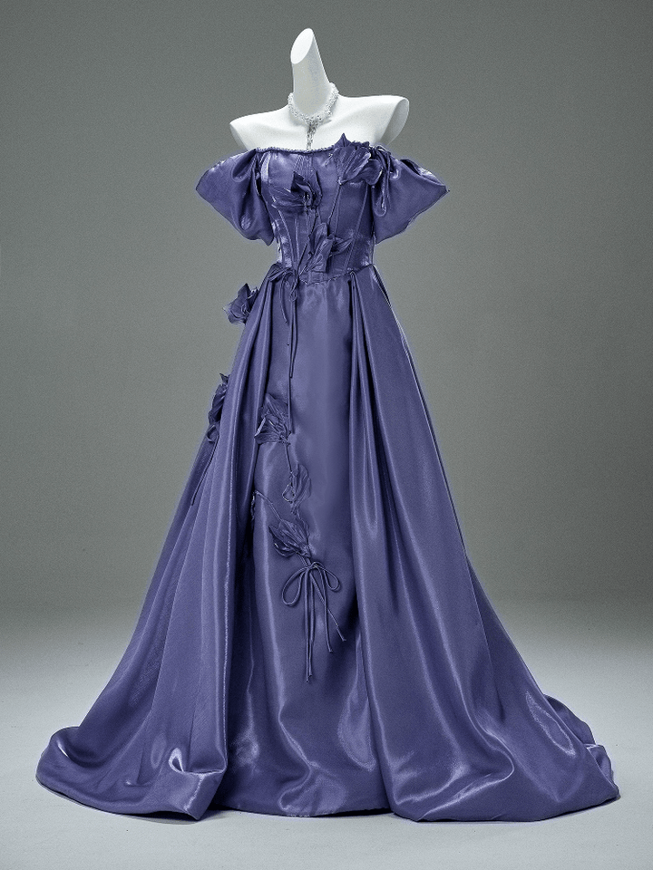 Purple Off the Shoulder Evening Dress with Floral Appliqué – Satin Evening Gown with Lace - Up Back Plus Size - WonderlandByLilian