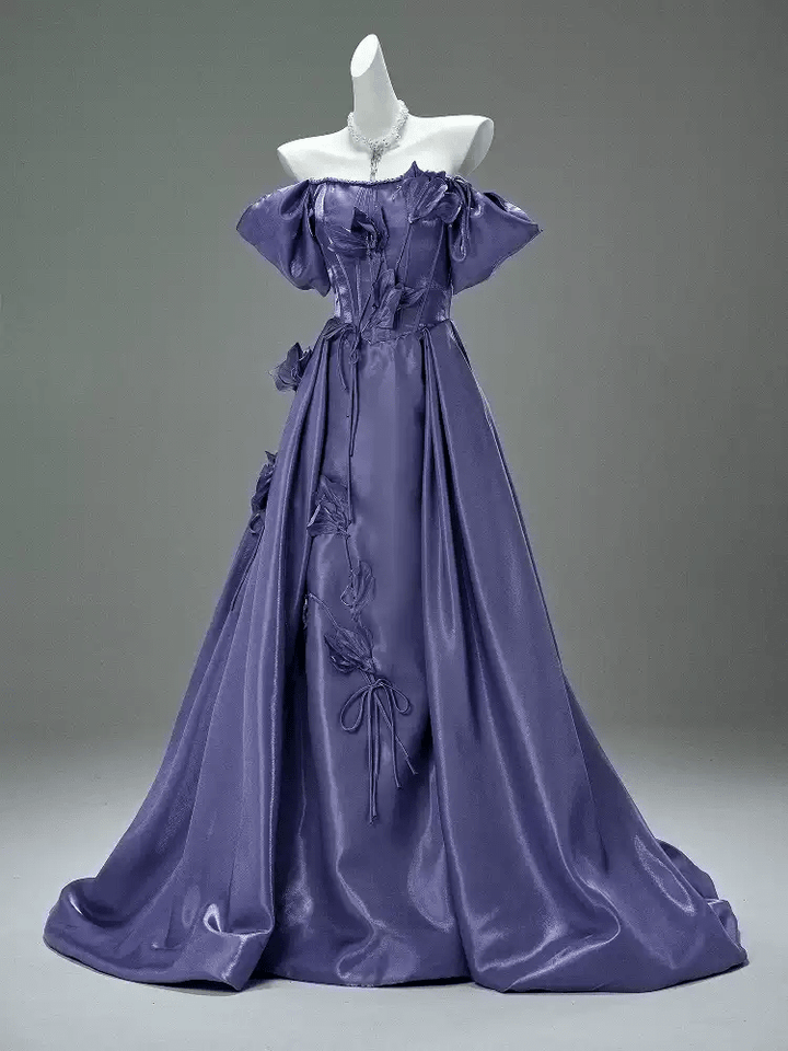 Purple Off the Shoulder Evening Dress with Floral Appliqué – Satin Evening Gown with Lace - Up Back Plus Size - WonderlandByLilian