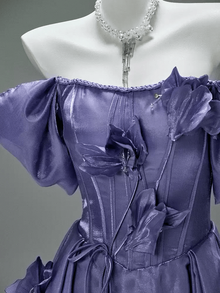 Purple Off the Shoulder Evening Dress with Floral Appliqué – Satin Evening Gown with Lace - Up Back Plus Size - WonderlandByLilian