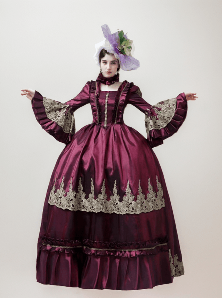 Purple Red Medieval dress with Golden Embroidery – Rococo Ball Gown Bell Sleeve Design Plus Size - WonderlandByLilian