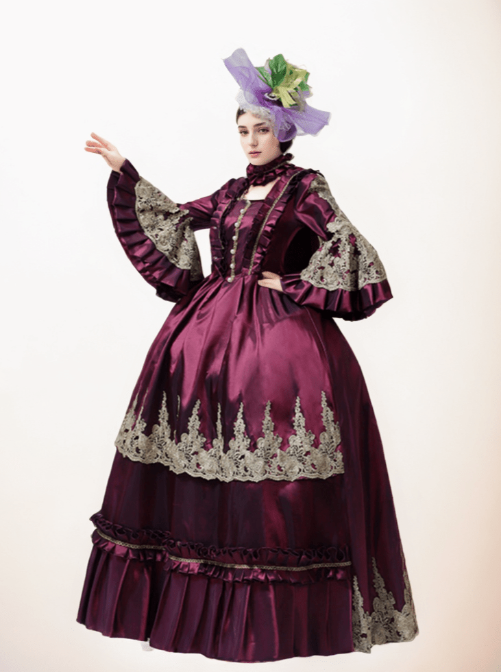Purple Red Medieval dress with Golden Embroidery – Rococo Ball Gown Bell Sleeve Design Plus Size - WonderlandByLilian