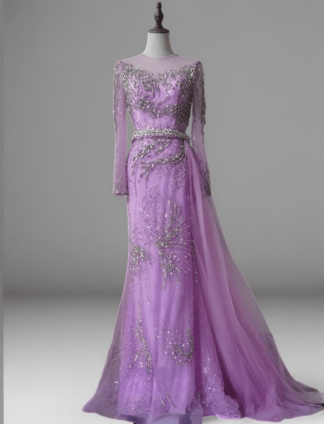 Purple Sequin Evening Gown with Long Sleeves – Embellished Gown with Train and Belt Plus Size - WonderlandByLilian