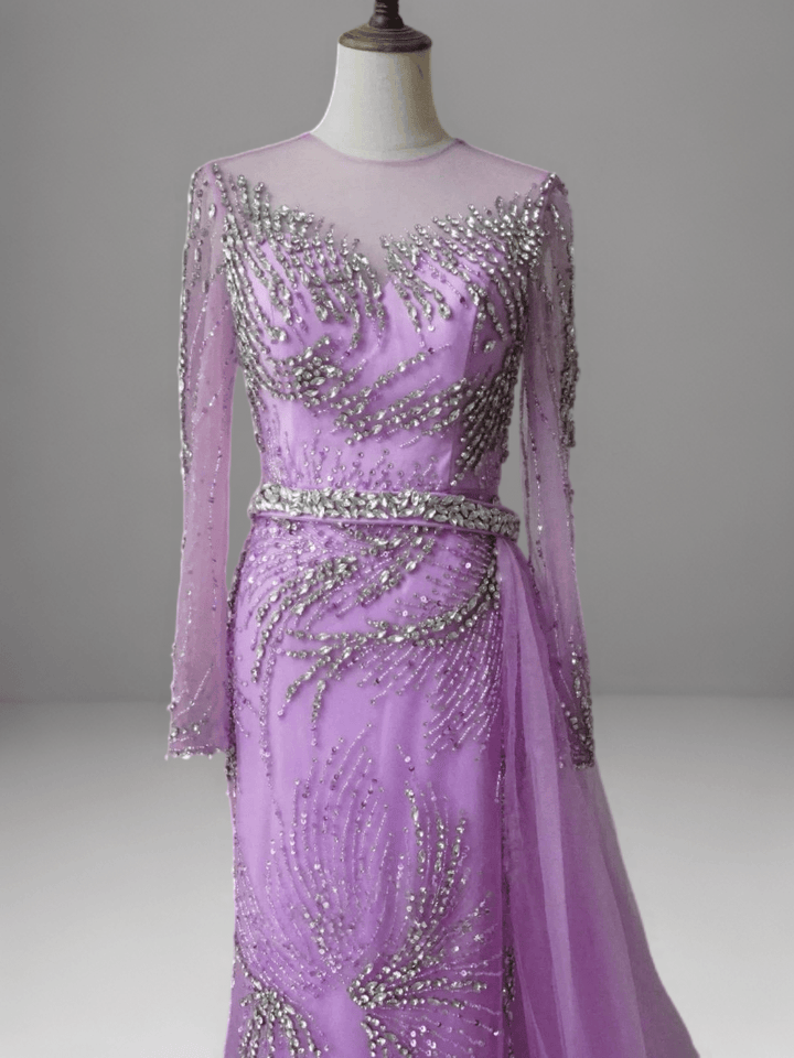 Purple Sequin Evening Gown with Long Sleeves – Embellished Gown with Train and Belt Plus Size - WonderlandByLilian