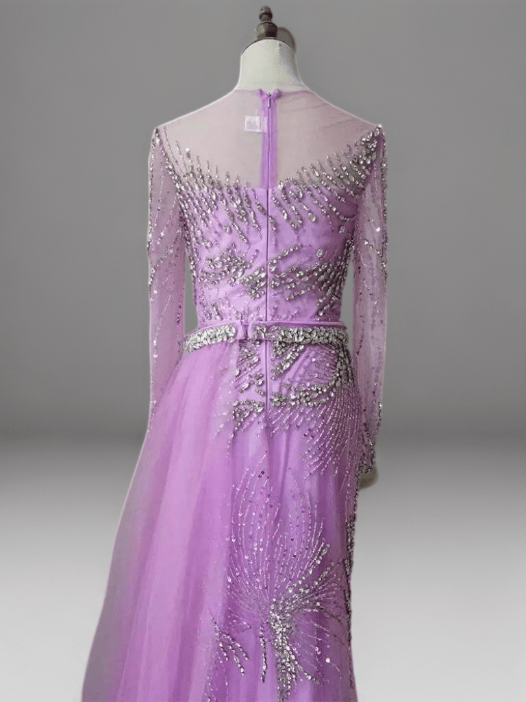 Purple Sequin Evening Gown with Long Sleeves – Embellished Gown with Train and Belt Plus Size - WonderlandByLilian