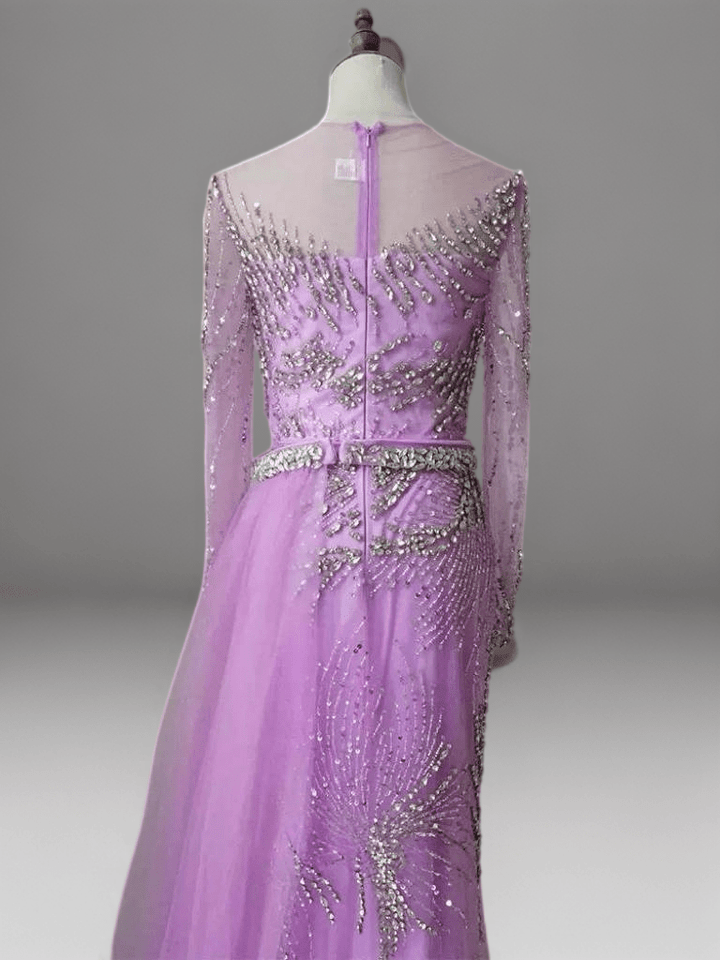 Purple Sequin Evening Gown with Long Sleeves – Embellished Gown with Train and Belt Plus Size - WonderlandByLilian