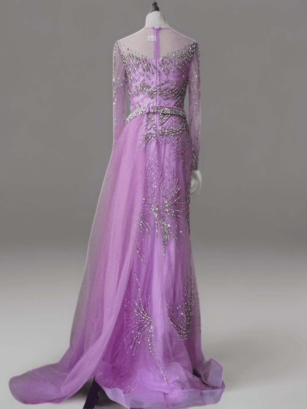 Purple Sequin Evening Gown with Long Sleeves – Embellished Gown with Train and Belt Plus Size - WonderlandByLilian