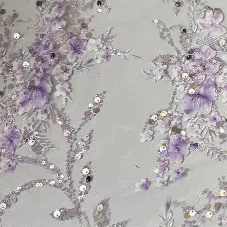 Purple Sequin Floral Jacquard Embroidered Tulle Lace Fabric - WonderlandByLilian