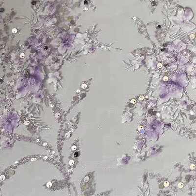 Purple Sequin Floral Jacquard Embroidered Tulle Lace Fabric - WonderlandByLilian