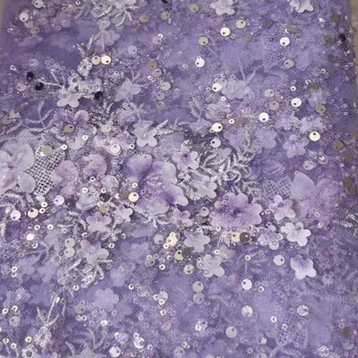 Purple Sequin Floral Jacquard Embroidered Tulle Lace Fabric - WonderlandByLilian