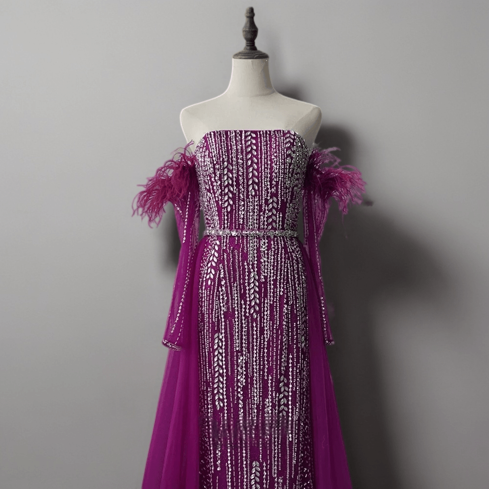 Purple Sequin Strapless Glitter Dress - Feather Evening Gown - Purple Formal Dress with Tulle Plus Size - WonderlandByLilian