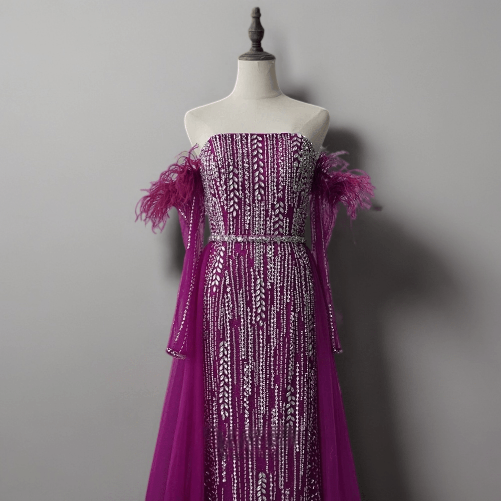 Purple Sequin Strapless Glitter Dress - Feather Evening Gown - Purple Formal Dress with Tulle Plus Size Size 22W / Purple Purple Sequin Strapless Glitter Dress - Feather Evening Gown - Purple Formal Dress with Tulle Plus Size Size 22W / Purple