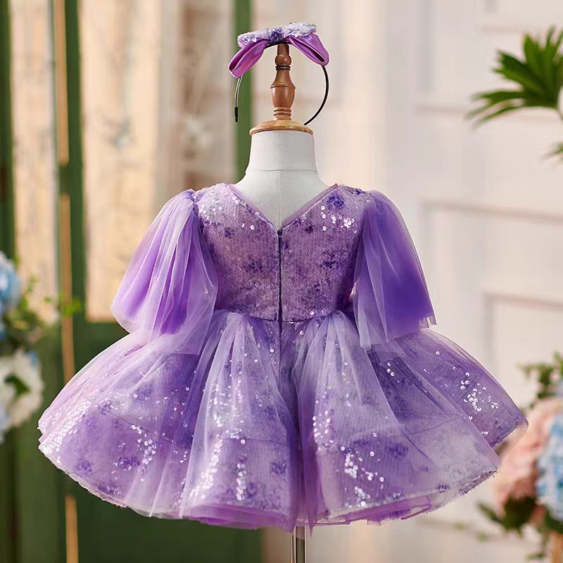 Purple Sequin Tulle Flower Girl Dress with V - Neckline – Plus Size Special Occasion Gown - WonderlandByLilian