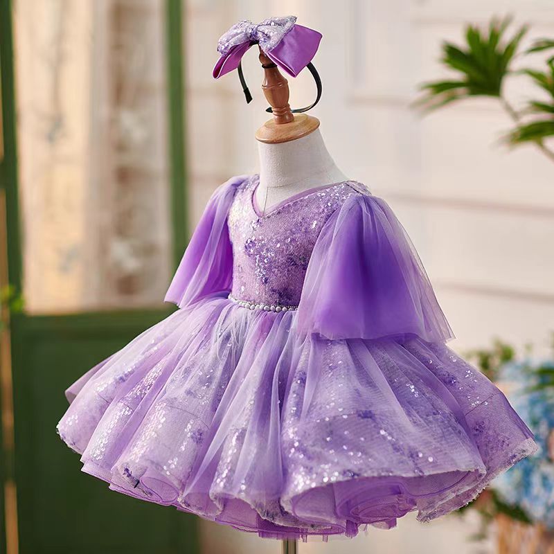 Purple Sequin Tulle Flower Girl Dress with V - Neckline – Plus Size Special Occasion Gown - WonderlandByLilian