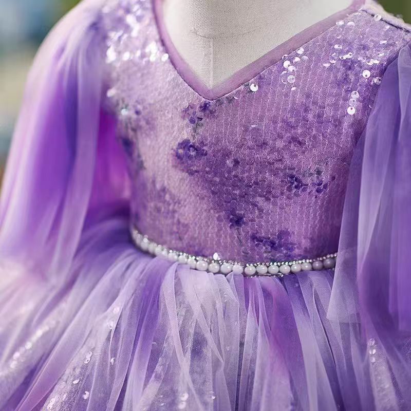 Purple Sequin Tulle Flower Girl Dress with V - Neckline – Plus Size Special Occasion Gown - WonderlandByLilian