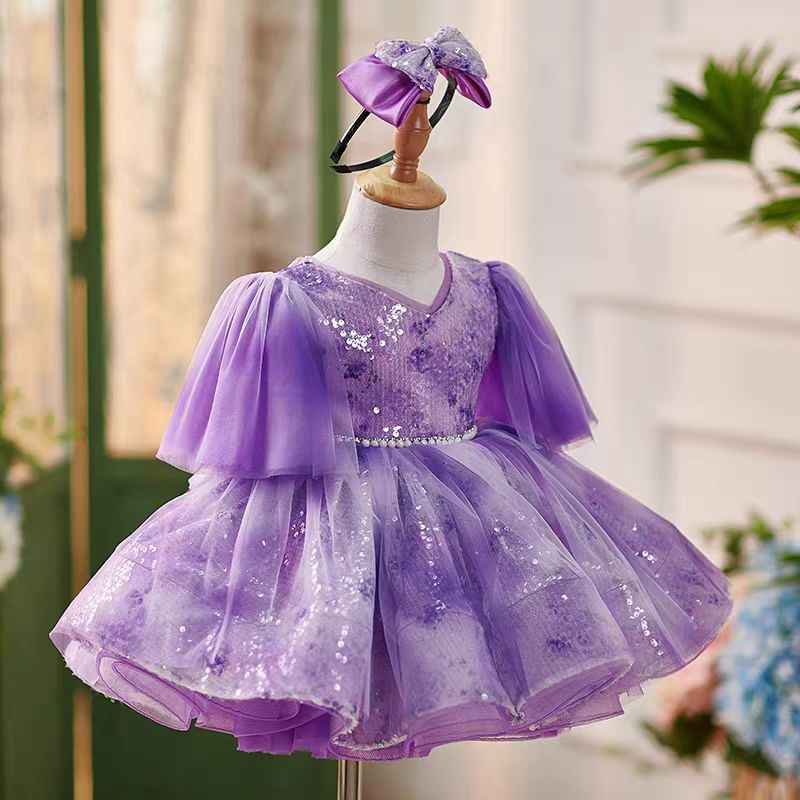 Purple Sequin Tulle Flower Girl Dress with V - Neckline – Plus Size Special Occasion Gown - WonderlandByLilian