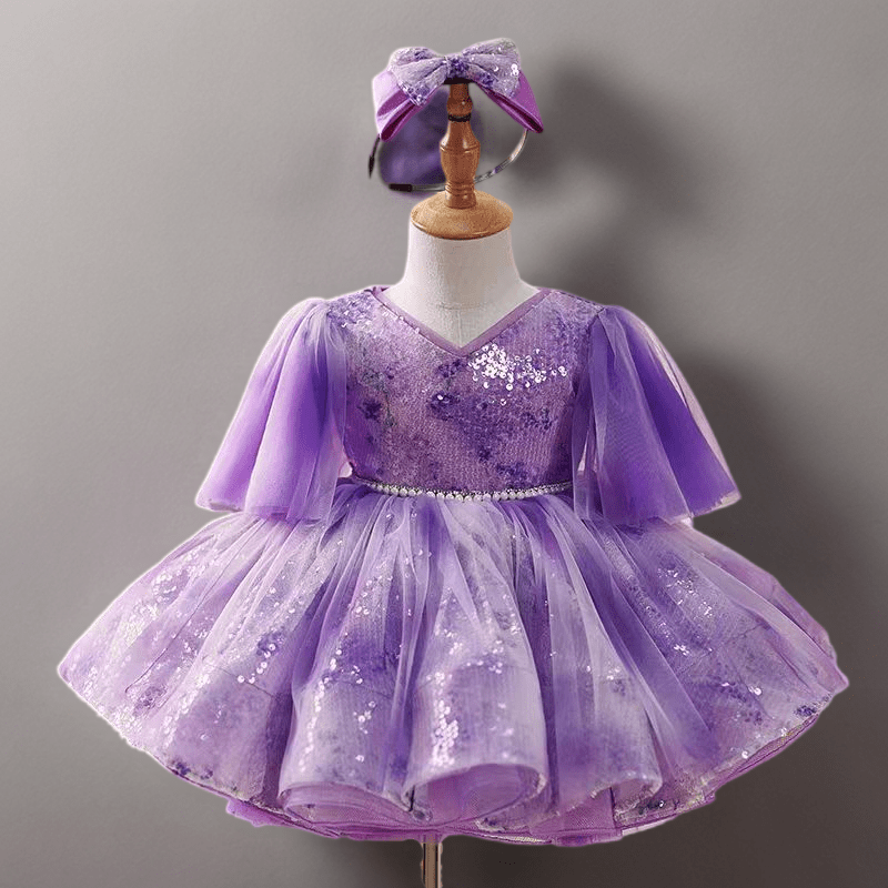 Purple Sequin Tulle Flower Girl Dress with V - Neckline – Plus Size Special Occasion Gown - WonderlandByLilian