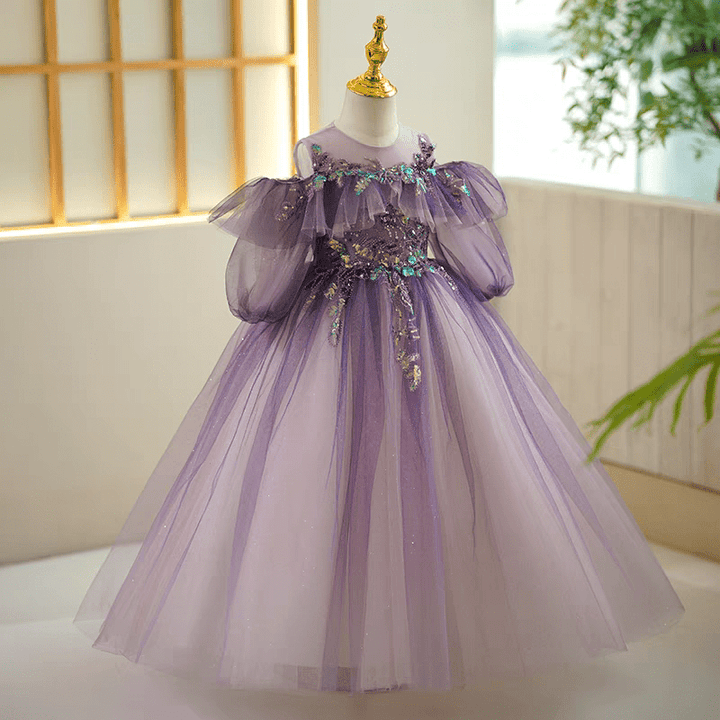 Purple Sequin Tulle Off - Shoulder Flower Girl Dress for Wedding – Plus Size - WonderlandByLilian