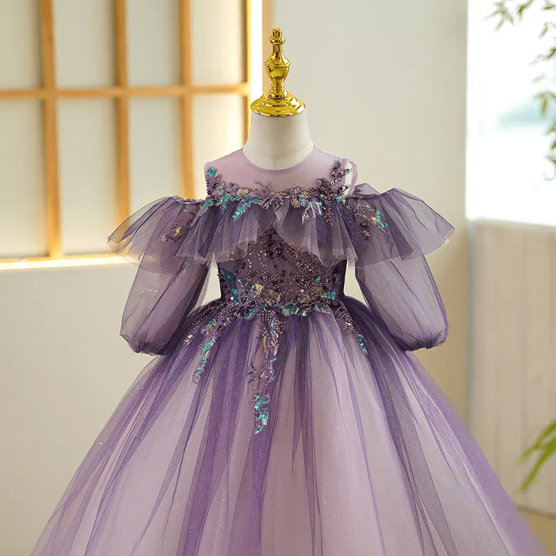 Purple Sequin Tulle Off - Shoulder Flower Girl Dress for Wedding – Plus Size - WonderlandByLilian