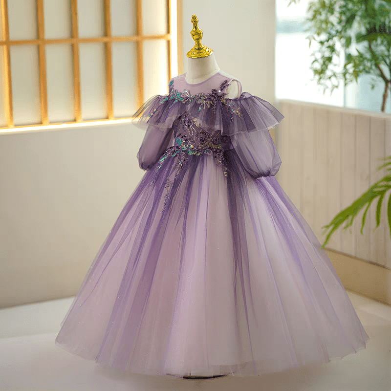 Purple Sequin Tulle Off - Shoulder Flower Girl Dress for Wedding – Plus Size - WonderlandByLilian