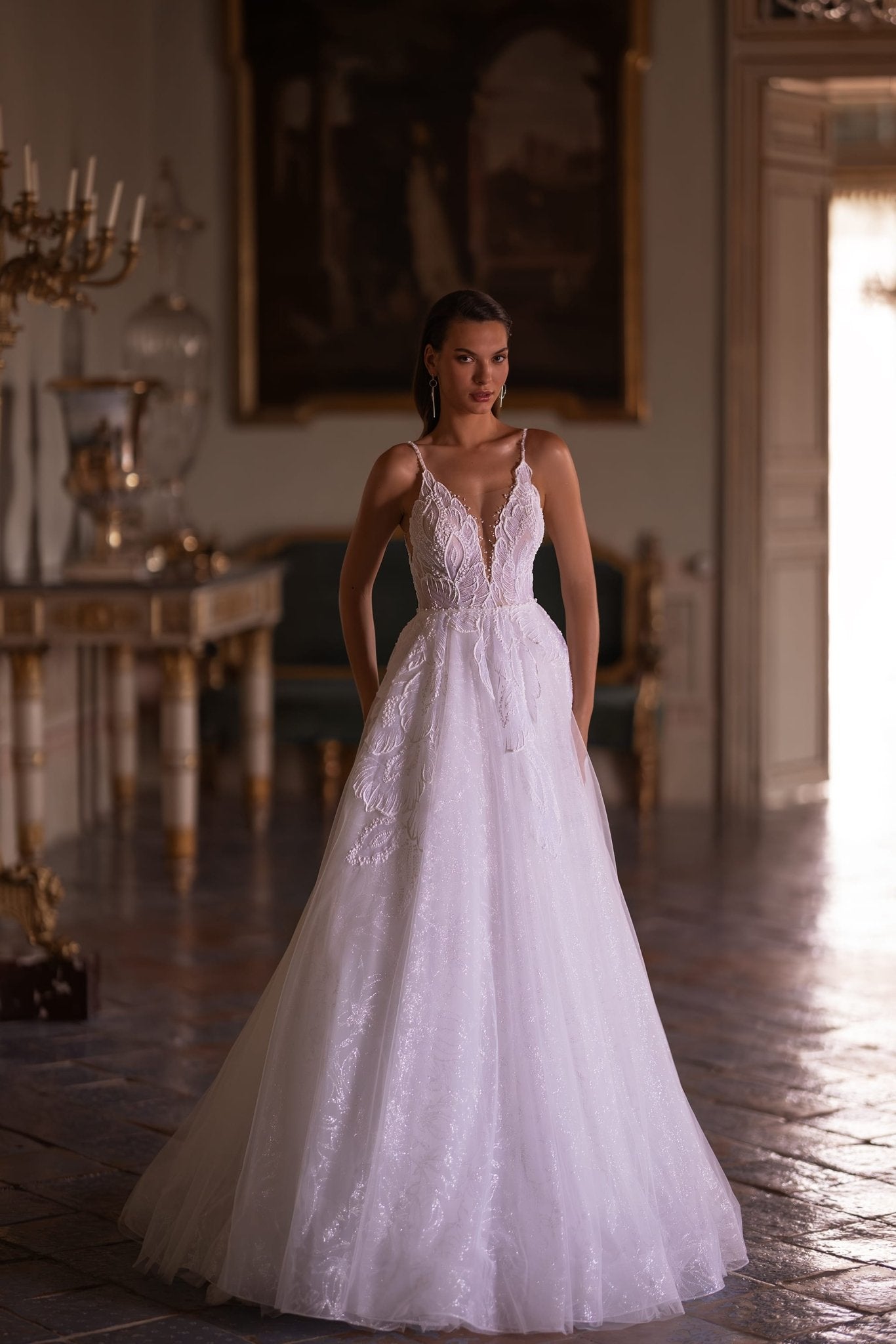 Radiant Lace Embellished Wedding Dress with Lush Skirt and Shiny Fabric, Plus Size Available - WonderlandByLilian