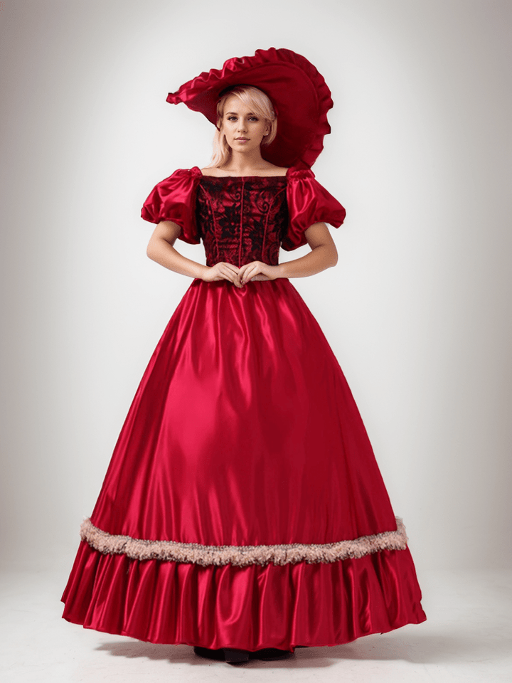 Radiant Red Rococo Style Dress with Black Lace Elegance – Victorian-Inspired Satin Ball Gown with Ruffled Sleeves Plus Size - WonderlandByLilian