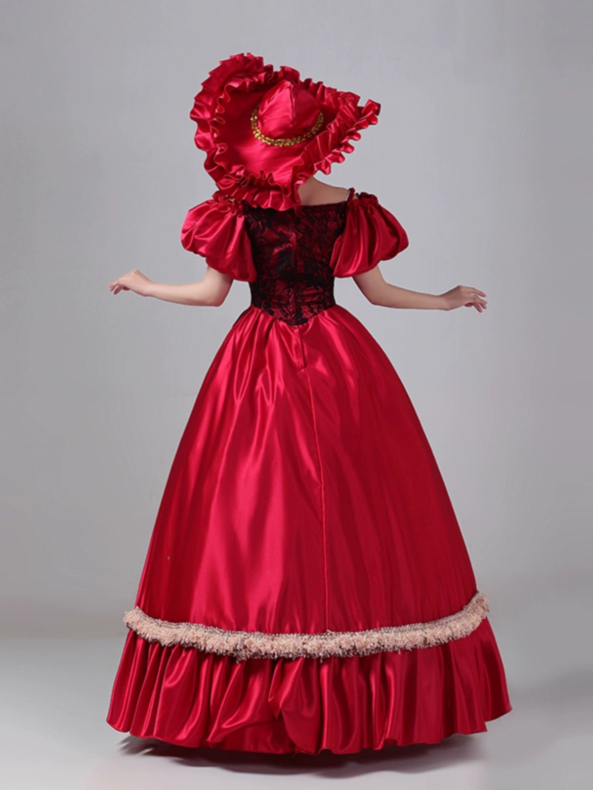Radiant Red Rococo Style Dress with Black Lace Elegance – Victorian-Inspired Satin Ball Gown with Ruffled Sleeves Plus Size - WonderlandByLilian