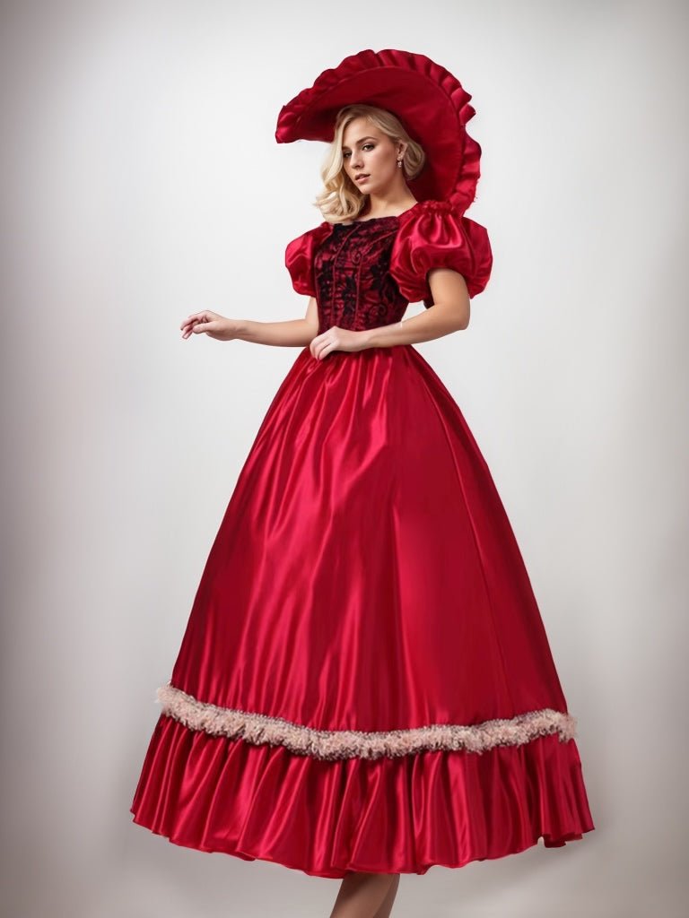 Radiant Red Rococo Style Dress with Black Lace Elegance – Victorian-Inspired Satin Ball Gown with Ruffled Sleeves Plus Size - WonderlandByLilian