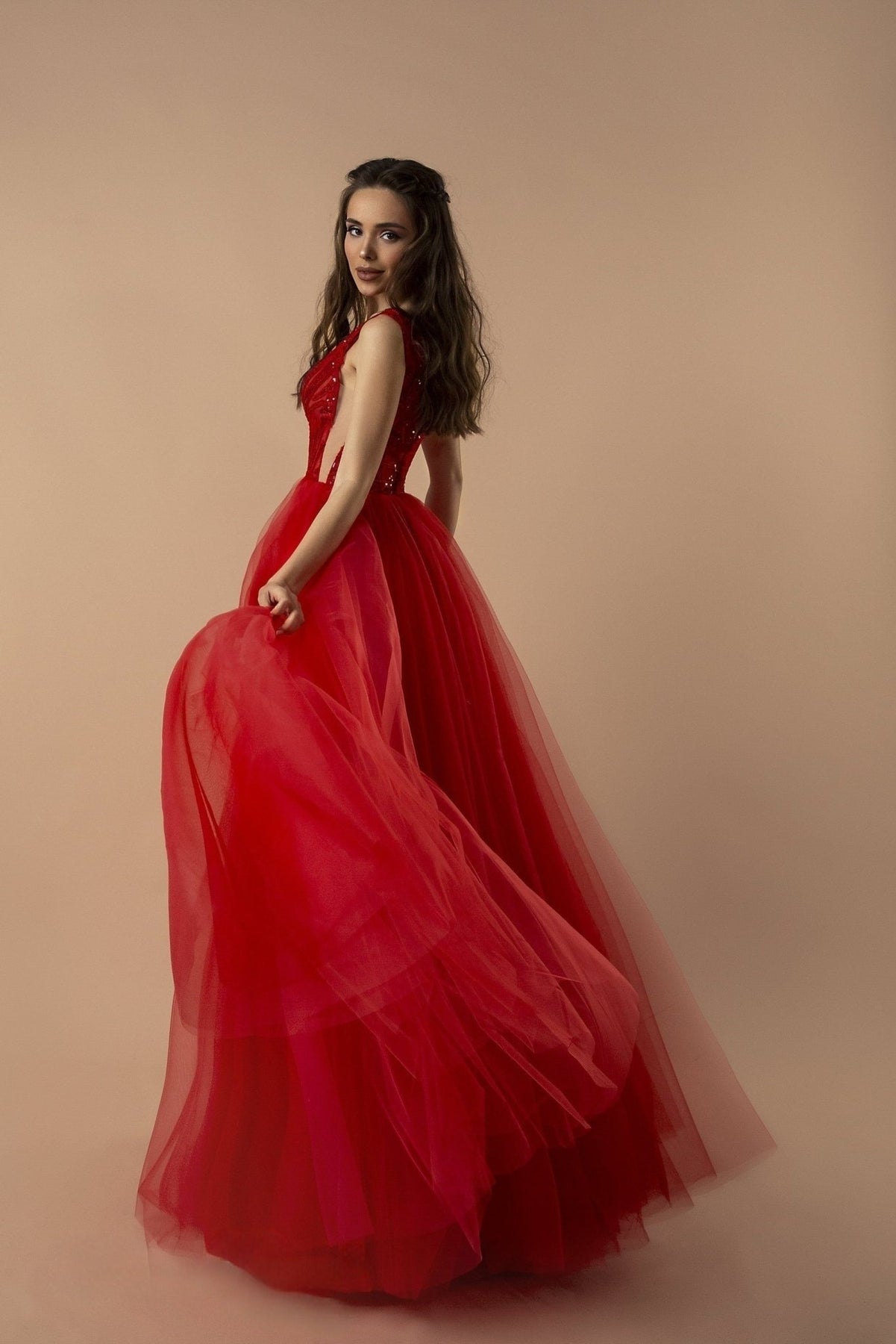 Radiant Red Tulle Evening Gown with Beaded Bodice and V-Neckline