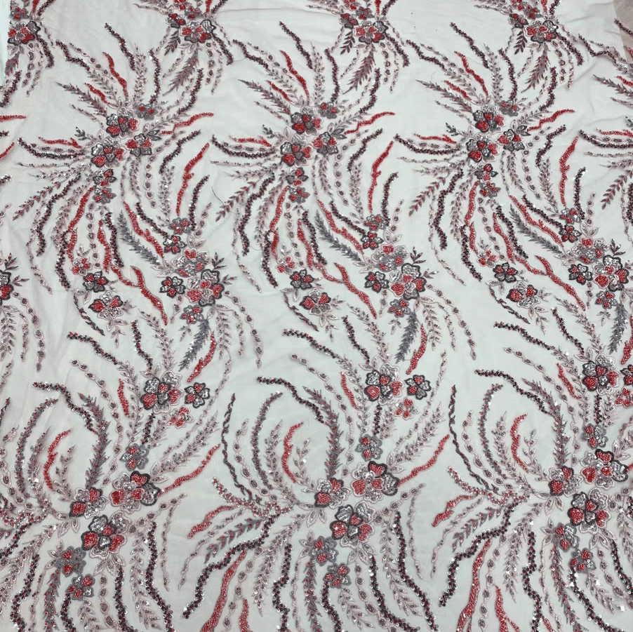 Red and Silver Floral Sequin Embroidered Lace Fabric - WonderlandByLilian