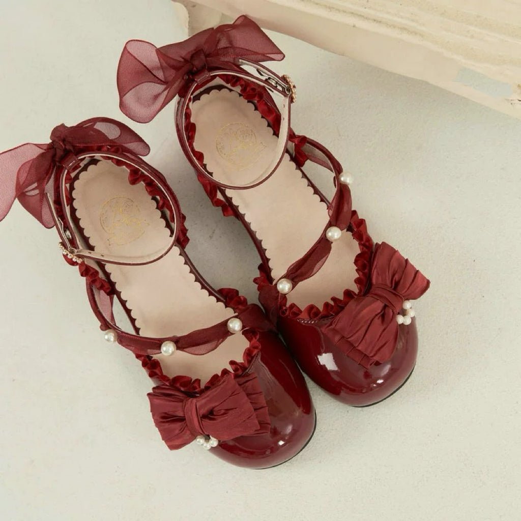 Red Lolita Vintage Shoes with Pearl - Lolita Vintage Heels with Bow - WonderlandByLilian