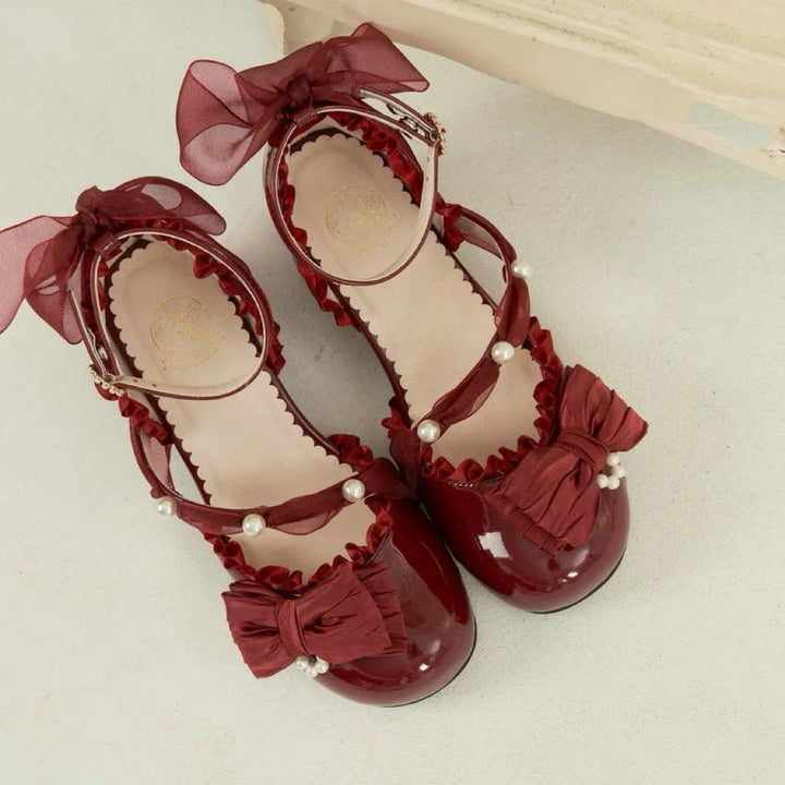 Red Lolita Vintage Shoes with Pearl - Lolita Vintage Heels with Bow - WonderlandByLilian